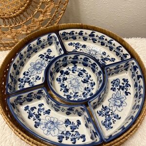5 Piece Ceramic Crudité Set in Wicker Basket